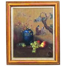 Vintage Original Still Life Oil Painting 'The Temple Bell' with Chinoiserie Objects, Signed — listing 4
