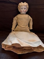 Vintage 12 Inch Porcelain China Head Doll in Gold Satin Dress with Black Tulle Overlay — listing 4