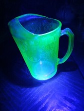 Hazel-Atlas Green Uranium Glass Cube Pattern Milk Pitcher / Creamer, 6.5 inches tall — listing 5