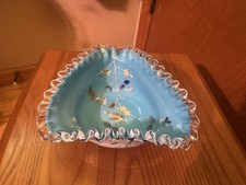 Vintage Blue Ruffled Edge Ribbed Glass Brides Bowl — listing 3