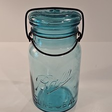 Antique Ball Sure Seal Aqua Green Glass Mason Jar with Glass Lid and Wire Bail Closure, Quart Size — listing 5