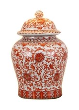 Hand-Painted Chinese-Style Coral Orange Porcelain 3-Piece Set - Lidded Ginger Jar, Square Vase, and Lotus-Form Bowl
