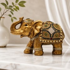 Decorative Resin Elephant Figurine with Blanket, Trunk-Up Good Luck Statue — listing 3