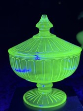Vintage Uranium Green Glass Covered Candy Dish / Compote with Floral Pressed Pattern — listing 3