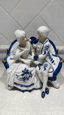 Colonial Courting Couple Porcelain Figurine, Lady with Harp and Gentleman on Bench, Blue and Gold Victorian Style — listing 4