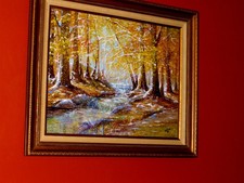 Vintage Original Oil Painting, Snowy Winter Cottage at Twilight, Framed Landscape — listing 6