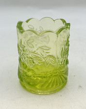 Antique Green Vaseline / Uranium Opalescent Glass Toothpick Holder with Scroll & Beaded Pattern, 1.5 inches tall