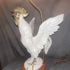 Vintage White Glazed Ceramic Rooster Table Lamp on Wood Base — listing 3