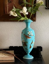 Vintage Cased Opaline Glass Vase with Hand-Painted Chrysanthemum Floral Decoration and Gilt Rim — listing 4
