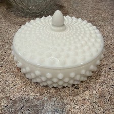 Milk Glass Pedestal Candy Dish with Embossed Fruit Pattern and Domed Lid — listing 3