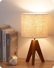 Mid-Century Modern Style Tripod Table Lamp with Turned Wood & Frosted Glass Stem and Green Spiral Fabric Shade — listing 4