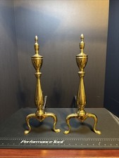 Antique Brass Andirons Pair, Federal Style with Lemon-Top Ball & Steeple Finials, Cabriole Legs and Slipper Feet — listing 6