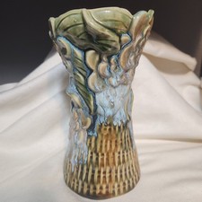 Vintage Majolica-Style Green Glazed Pottery Vase with Floral Relief — listing 2