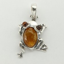 Silver-Tone Figural Frog Pendant Necklace with Faux Amber Cabochon on Black Organza Ribbon Cord — listing 3