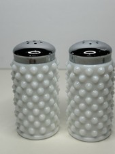 Vintage Milk Glass Hobnail Salt & Pepper Shakers Pair with Silver Tone Lids — listing 3