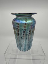 Hand-Blown Cobalt Blue Iridescent Art Glass Vase with Floral Design, Signed H.AT 00 — listing 4
