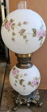 Vintage Gone with the Wind Style Electrified Parlor Lamp with Hand-Painted Roses, Ornate Brass Base and Glass Chimney — listing 4