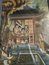 Chinese Reverse Glass Painting of a Beauty at a Window with Magpies and Prunus, Lacquered Frame — listing 6