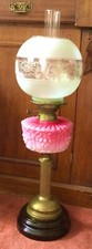 Victorian Cranberry Glass Twin-Burner Oil Lamp with Etched Tulip Shade on Brass Corinthian Column — listing 5