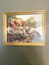 needlepoint framed art Vintage Framed Needlepoint Town Square Scene 17" x 14.5" — listing 5