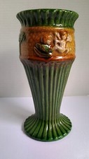 Vintage Majolica-Style Green Glazed Pottery Vase with Floral Relief — listing 5