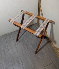 Vintage Folding Wood Luggage Rack with Green & Pink Striped Webbing Straps — listing 4