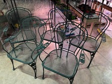 Vintage Wrought Iron Mesh Patio Dining Set - Round Table with 4 Springer Rocker Chairs and Red Cushions — listing 2
