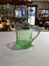 Vintage Uranium Green Depression Glass Pitcher & 4 Tumbler Set with Etched Grape Motif