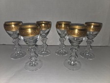 Pair of Gold-Rimmed Crystal Cordial / Liqueur Glasses with Tall Faceted Stems