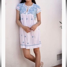 Dolma Cotton Linen Block-Print Dress, Blue Floral Medallion Pattern, Size S