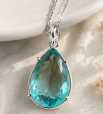 1980s Sterling Silver Bezel-Set Blue Aquamarine-Colored Stone Pendant on Sterling Chain