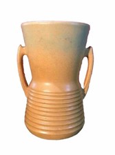 Vintage Art Pottery Two-Handled Vase with Embossed Pinecone/Foliage Design, Brown-to-Green Glaze — listing 3