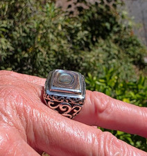 Costume Cocktail Ring with Round Abalone/Mother-of-Pearl Cabochon and Beaded Silver-Tone Setting — listing 6
