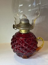Vintage Amberina Glass Kerosene Oil Lamp with Clear Chimney — listing 6