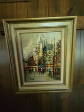 Mid-Century Parisian Street Scene Oil Painting, Bridge & Cityscape at Dusk, Signed Starts with 'N' — listing 6