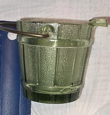 Vintage Green Glass Coal Scuttle Figural Novelty Dish with Wire Bail Handle — listing 3