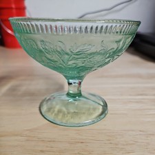 Depression Era Green Uranium Glass Champagne/Tall Sherbet with Etched Floral Band