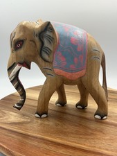 Hand Carved Wooden Elephant Sculpture with Bone Tusks — listing 2