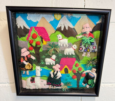 Peruvian Folk Art Arpillera Textile Wall Hanging with Framed 3D Applique Village Scene