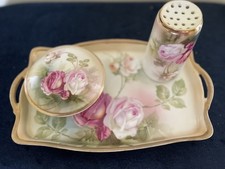 Antique Porcelain Dresser Set with Gilt-Trimmed Tray and Two Lidded Trinket Boxes (One with Cameo Portrait Relief) — listing 3