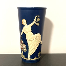 Weller Pottery Blue Ware Chase Triple Bud Vase, 8.5 inch, Cameo Horse & Rider Relief — listing 3