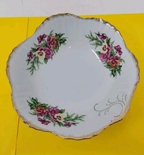 Vintage Porcelain Scalloped Serving Bowl with Pink Floral and Blue Leaf Border — listing 2