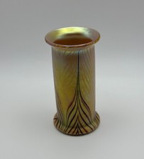 Art Glass Iridescent Pulled Feather Bud Vase with Gold/Green Aurene Finish — listing 4