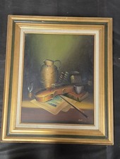 Musical Still Life Oil Painting with Violin, Sheet Music, and Books in Carved Giltwood Frame — listing 4