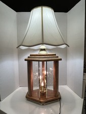 Don Ward Mid-Century Etched Smoked Glass Panel Oak Wood Table Lamp — listing 3