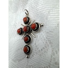 Zuni Sterling Silver Coral Petit Point Cross Dangle Earrings — listing 6