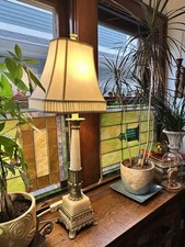 Vintage Corinthian Column Table Lamp with Fringed Silk Bell Shade — listing 5