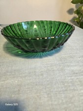 Vintage Forest Green Depression-Style Three-Footed Console Bowl with Bubble and Swirl Pattern