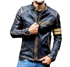 Vintage Cafe Racer Motorcycle Jacket with Cream & Orange Racing Stripes — listing 5