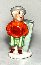 Vintage Japan Bisque Figural Toothbrush Holder - Blonde Boy in Blue Overalls on Bench with Dog — listing 6